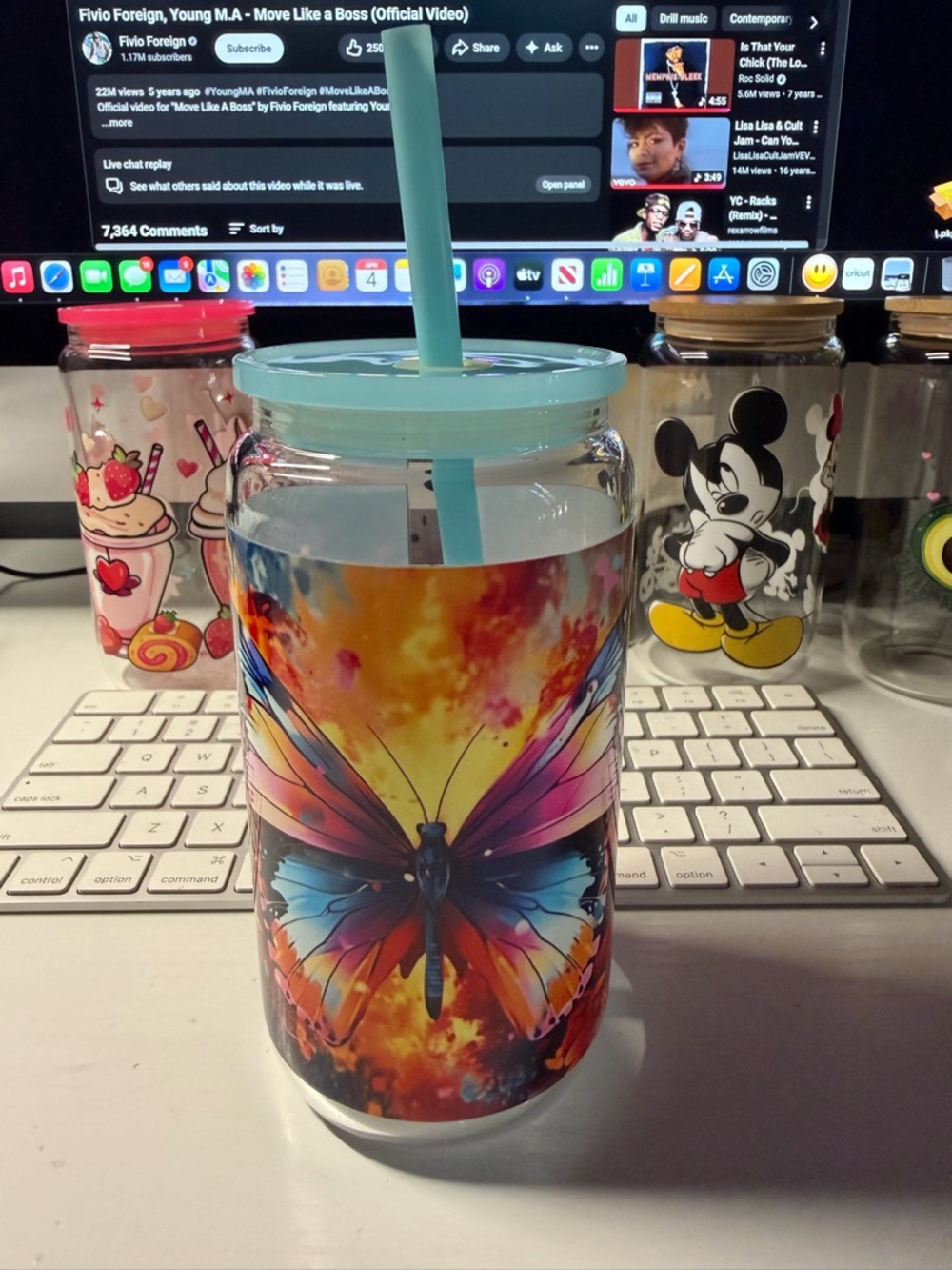 Vibrant Butterfly Glass Tumbler With Blue Lid
